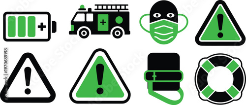 Emergency rescue safety icon set featuring medical ambulance truck life buoy warning signs and protective mask vector illustration isolated on white