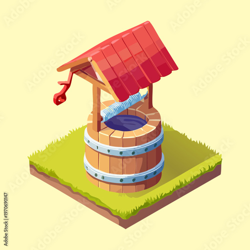 Classic rustic water well featuring wooden crane and red tiled roof for isometric farm simulator or garden landscape design project element