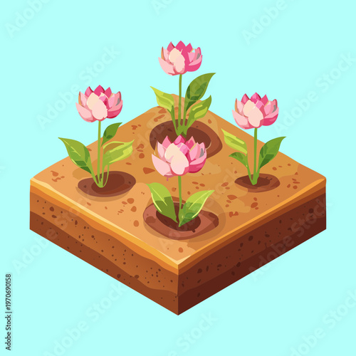 Triple pink flower blossoms growing in a square soil patch for isometric farm simulator game and home garden landscape decoration asset