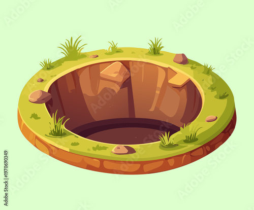Empty round dirt hole or planting pit for isometric garden landscaping and farm preparation in casual mobile game environment design asset