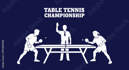Ping Pong Tournament Illustration Depicting Competition and Referee Decision on Navy Blue Background