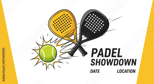 Padel Tournament Graphic Illustrating Sport Equipment, Ball, and Event Details