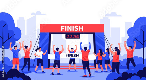 People Celebrate Finishing a Race Under a Finish Line In Vibrant Cartoon Style