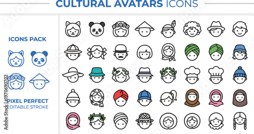 Outline vector icon set of cultural avatars, diverse people and nationalities