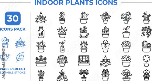 Outline vector icon set of indoor house plants and gardening