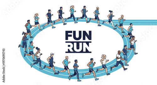 People Running Around Oval, Event Called Fun Run, Illustration, Sport, Exercise, Race, Health