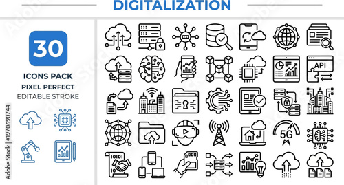 Outline vector icon set of digitalization, cloud computing and data
