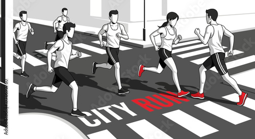 People Running Across A Zebra Crossing Road With City Run Signage