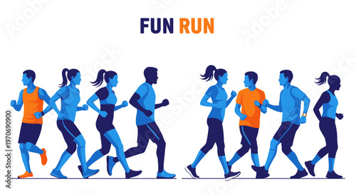 People Running Together in a Group During Fun Run with Vivid Colors and Silhouettes