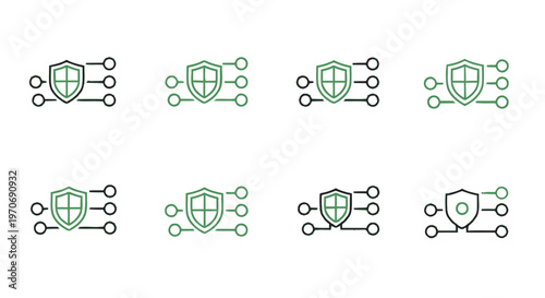 Digital Security Shield Icons with Network Connection Nodes.