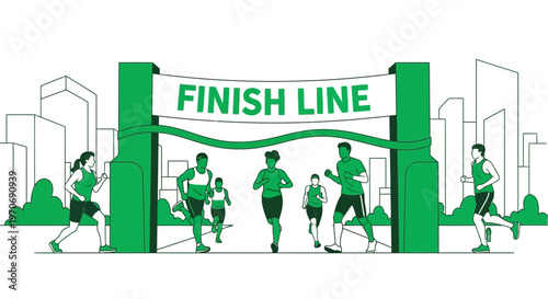 People Running Towards The Finish Line In A Marathon Competition Illustration
