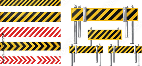 Set of Traffic Barricades with Yellow and Black Stripes, Warning Signs, and Caution Tape for Road Safety and Construction Illustrations