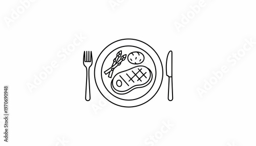 Steak Dinner Icon: Grilled Steak, Asparagus, Potato on Plate with Cutlery