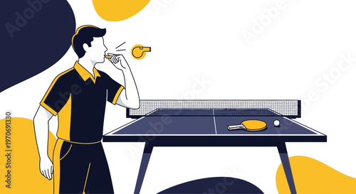 Referee Blowing Whistle at the Ping Pong Table Ready for the Game to Start