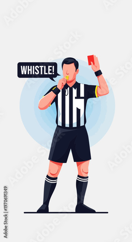 Referee Blows Whistle Holding Red Card Sports Game Illustration
