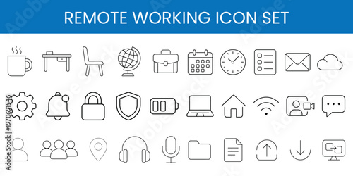 Remote working icon set line style for home office telecommute virtual collaboration and online productivity