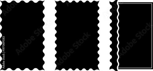 Three black wavy-edged stamp-like rectangles with visual variation for design, comparison, and transformation content