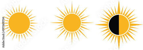 Three sun icons with varying ray lengths and eclipse effect for solar phases, astronomy, and educational design themes