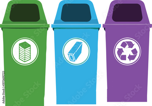 Three-bin recycling icon set for paper, writing tools, and general waste segregation in eco-friendly sustainability design themes
