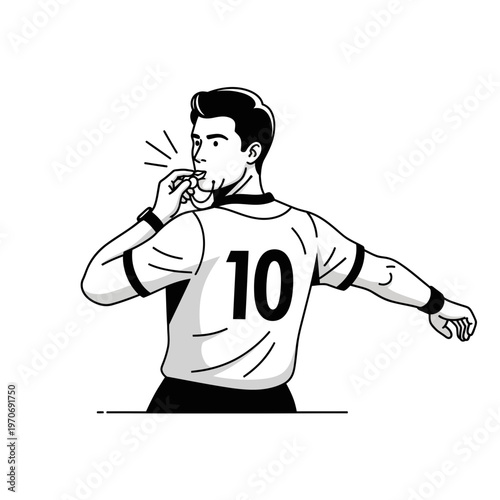 Referee Signals a Foul During a Soccer Match, Blowing Whistle on White Background