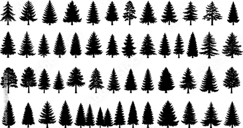 Tree silhouette icons vector illustration featuring pine, fir, spruce, deciduous forest shapes, nature motifs, and decorative landscape designs