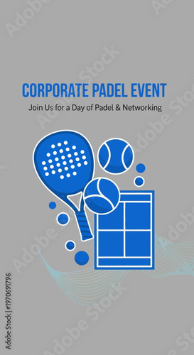 Promotional Material for Corporate Padel Event Featuring Racket, Balls, and Court Elements