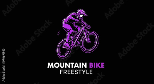 Purple Mountain Biker Performing Freestyle Trick on a Bicycle Isolated on Black Background