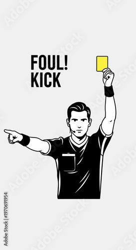 Referee Signals Foul and Awarding a Kick in a Soccer Match with Clear Instructions