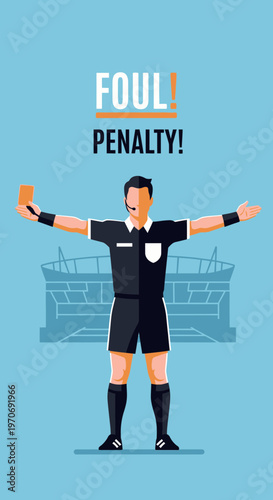 Referee Signals Foul and Penalty in Soccer Match at Stadium with Vibrant Illustration