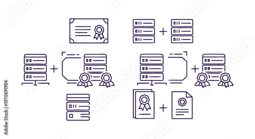 Digital Certificates and Data Servers Representing Security and Validation.