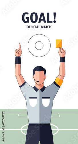 Referee Signals Goal and Yellow Card During Official Football Match Illustration