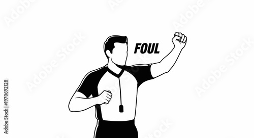 Referee Signals Foul, Hand Up, Black and White Illustration, Judgment, Call, Sport Icon