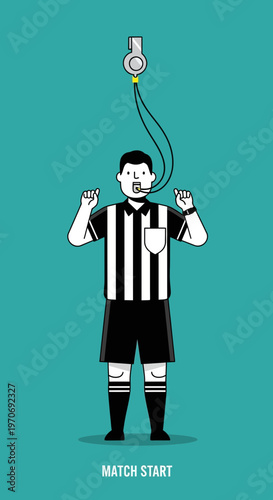 Referee Signals Start Of Game With Whistle And Upraised Hands On Teal Background