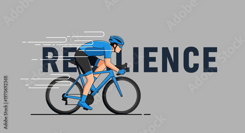 Resilience in Motion Depicted by Cyclist on Bicycle with Text Overlay Against Grey Background