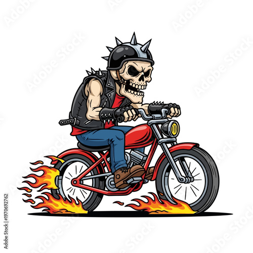 Cartoon skeleton riding red motorcycle with flames.