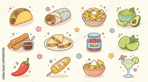 A collection of cute cartoon Mexican food illustrations including tacos, burritos, nachos, guacamole, churros, quesadillas, salsa, and margaritas.