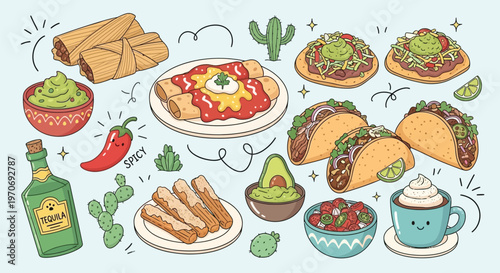 A vibrant doodle illustration of various traditional Mexican food dishes, snacks, and drinks including tacos, enchiladas, guacamole, and tequila.
