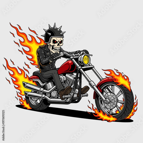 Skull Rider on a Flaming Motorcycle, a Dynamic and Edgy Illustration for Biker Culture and Halloween Themes.