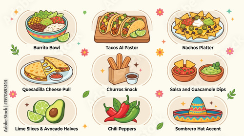 A vibrant illustration showcasing a variety of popular Mexican dishes and ingredients, including burrito bowls, tacos, nachos, quesadillas, churros, dips, and fresh produce.