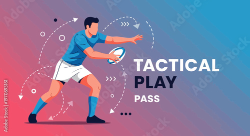 Rugby Player Executing a Tactical Play Pass Skillfully Across a Dynamic Gradient Background