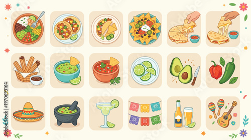 A vibrant collection of Mexican food dishes, ingredients, and cultural elements illustrated in a cartoon style.