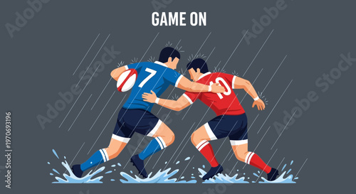 Rugby Players Contending With Each Other While Battling A Storm During A Game
