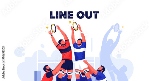 Rugby Players Contesting for the Ball During a Line-out Action in Modern Flat Illustration