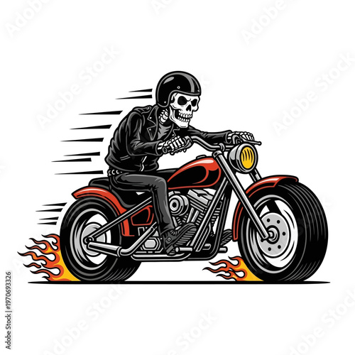 A skeleton rider on a motorcycle with flames, representing speed and danger, in a vintage cartoon style.