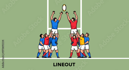 Rugby Players Contesting for the Ball During a Lineout on the Green Field
