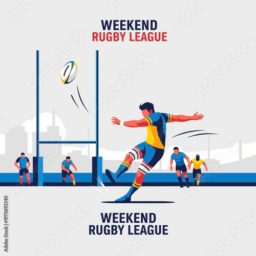 Rugby Player Kicking Ball Towards Goal Post During Weekend Rugby League Competition