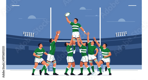 Rugby Players Contesting for the Ball High Above the Field in a Sporting Event