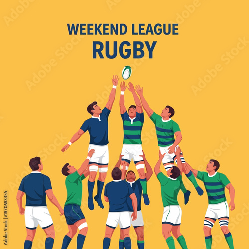 Rugby Players Contesting for the Ball During Weekend League Match Action Illustration