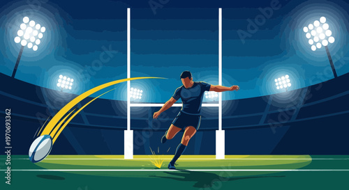 Rugby Player Kicking Ball Towards Goal Post On Stadium Field At Night