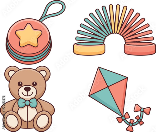 Colorful vector set of cute baby toys featuring a brown teddy bear, flying kite, slinky spring, and rattle, perfect for nursery decor and children's designs.